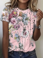 Women Casual Floral Summer Daily Short Sleeve Crew Neck Regular H-Line Regular T-shirts