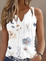 Women Casual Floral Summer Micro-Elasticity Vacation Loose Jersey Notched H-Line Tank Tops