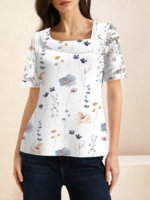 Women Casual Floral Summer Natural High Elasticity Daily Lace Asymmetrical H-Line Shirts