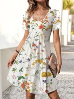 Women Casual Floral Summer Natural Micro-Elasticity Short H-Line Regular FF Dresses