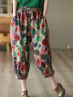 Women Casual Floral Summer Natural No Elasticity Daily Loose Capris Regular Pants