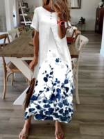 Women Casual Floral Summer Natural No Elasticity Daily Maxi Short Sleeve H-Line Dresses