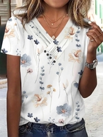 Women Casual Floral Summer No Elasticity Daily Jersey Short sleeve H-Line Regular T-shirts