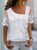 Women Casual Floral Summer Polyester Daily Lace Asymmetrical H-Line Regular Shirts