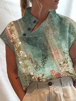 Women Casual Floral Summer Polyester Natural Loose H-Line Buckle FF Shirts