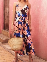 Women Casual Floral Summer Polyester V neck Natural Loose Ankle Pants Regular Jumpsuits