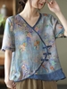 Women Casual Floral Summer Polyester V neck Regular Fit Short Sleeve Regular H-Line Shirts