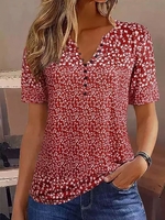 Women Casual Floral Summer Short sleeve Crew Neck Mid-long Buckle Regular FF Shirts