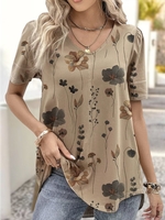 Women Casual Floral Summer V neck Jersey Short sleeve Mid-long H-Line Regular Shirts