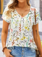 Women Casual Floral Summer V neck Jersey Standard Short sleeve Regular Regular T-shirts