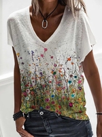 Women Casual Floral Summer V neck Loose Jersey Best Sell Regular Regular Size T-shirt