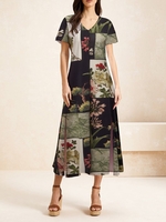 Women Casual Floral Summer V neck Natural No Elasticity Daily Jersey H-Line Dresses