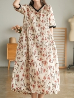 Women Casual Floral Summer V neck Natural No Elasticity Midi Short Sleeve A-Line Dresses