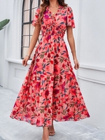 Women Casual Floral Summer V neck Natural No Elasticity Regular Fit Short Sleeve No Dresses