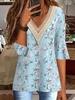 Women Casual Floral Summer V neck No Elasticity Daily Loose Short Sleeve Regular Shirts