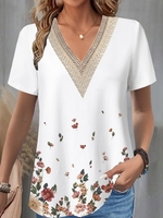 Women Casual Floral Summer V neck No Elasticity Household Loose H-Line Lace T-shirts