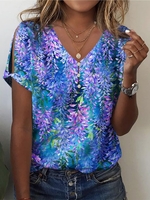 Women Casual Floral Summer V neck No Elasticity Loose Regular H-Line Regular T-shirts