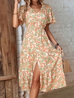 Women Casual Floral Summer V neck No Elasticity Regular Fit Midi Short Sleeve A-Line Dresses