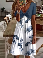 Women Casual Floral Summer V neck Printing Daily Loose Jersey Mock Two-Piece Dresses