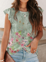 Women Casual green floral Summer Loose Best Sell Cap sleeve Crew Neck H-Line Regular T-shirts