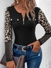 Women Casual Leopard Spring V neck Buckle Daily Hot List Long sleeve Regular T-shirt