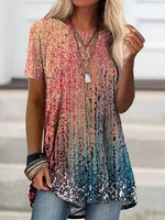 Women Casual Ombre Summer Loose Jersey Crew Neck Mid-long Regular NL Shirts