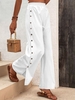 Women Casual Plain All Season Cotton Button Detail Elastic Waist Wide Leg Pant