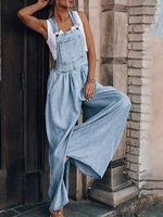Women Casual Plain All Season Lightweight No Elasticity Daily Straight pants Long H-Line Denim Bib Pants