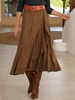 Women Casual Plain Autumn Suede Natural No Elasticity Midi A-Line Regular Skirt