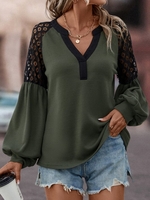 Women Casual Plain Spring Polyester Loose Lace Long sleeve H-Line Regular Sweatshirts