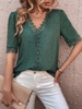Women Casual Plain Spring V neck Loose Jersey H-Line Regular Lace Tops
