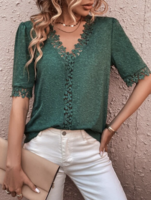 Women Casual Plain Spring V neck Loose Jersey H-Line Regular Lace Tops