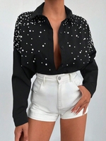 Women Casual Plain Spring/Fall Beaded Daily Loose Regular H-Line Shirt Collar Blouses