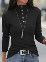 Women Casual Plain Spring/Fall Buttoned Micro-Elasticity Daily Long sleeve Regular H-Line T-shirts