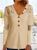 Women Casual Plain Spring/Fall Cotton Daily Loose Lace Long Sleeve Regular Shirts