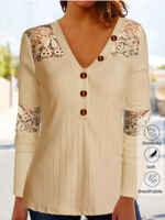 Women Casual Plain Spring/Fall Cotton Daily Loose Lace Long Sleeve Regular Shirts