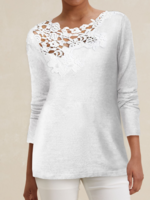 Women Casual Plain Spring/Fall Cotton High Elasticity Regular Fit Lace Crew Neck H-Line T-shirts