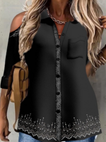 Women Casual Plain Spring/Fall Cotton Long Sleeve Regular H-Line Regular Shirt Collar Blouses