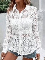 Women Casual Plain Spring/Fall Cotton No Elasticity Loose Regular H-Line Shirt Collar Blouses