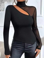 Women Casual Plain Spring/Fall Cotton Party Long Sleeve Turtleneck Regular Mesh Shirts