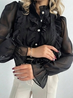 Women Casual Plain Spring/Fall Cotton Stand Collar No Elasticity Lace Long Sleeve Regular Blouses