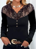 Women Casual Plain Spring/Fall Cotton V neck Daily Regular H-Line Lace Edge T-shirts