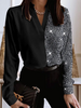 Women Casual Plain Spring/Fall Cotton V neck Glitter Loose Long Sleeve Regular Shirts