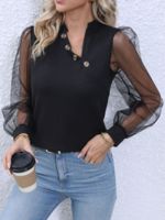 Women Casual Plain Spring/Fall Daily Asymmetrical Long Sleeve H-Line Regular Mesh Shirts