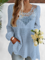 Women Casual Plain Spring/Fall Daily Loose Lace Long Sleeve Regular H-Line Blouses