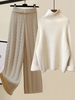 Women Casual Plain Spring/Fall High Elasticity Loose Turtleneck Wool/Knitting Top With Pants Regular Two-Piece Sets