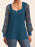 Women Casual Plain Spring/Fall Lace Square neck Natural Micro-Elasticity Regular H-Line Shirts