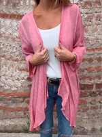 Women Casual Plain Spring/Fall Lightweight No Elasticity Cotton And Linen Crew Neck Long H-Line Shirts