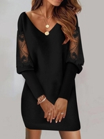 Women Casual Plain Spring/Fall Loose Lace Midi Long Sleeve H-Line No Dresses