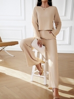 Women Casual Plain Spring/Fall Natural Daily Long Sleeve Top With Pants Buckle Regular Two-Piece Sets